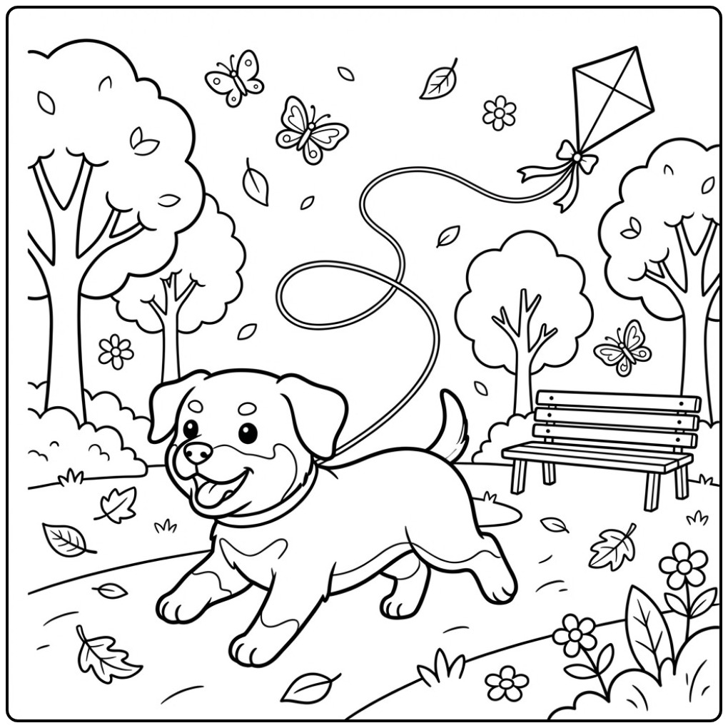 Vrolijke rottweiler kleurplaat van een hond die een vlieger jaagt.