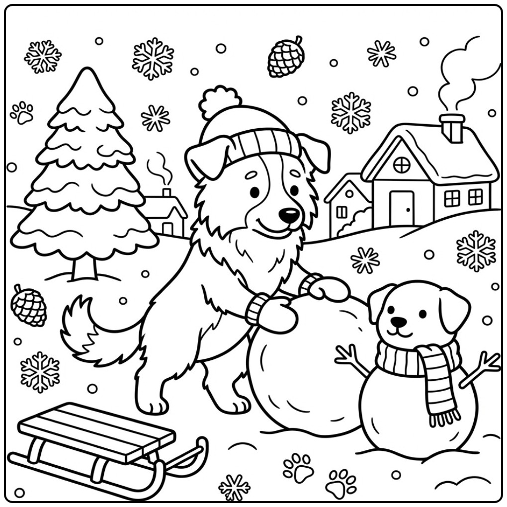 Leuke kleurplaat border collie bouwt een sneeuwpop in de tuin.