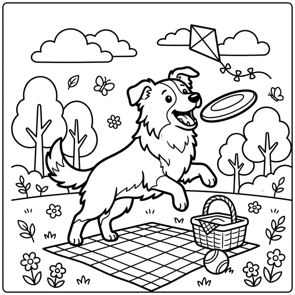 Vrolijke kleurplaat border collie springt om een frisbee te vangen.