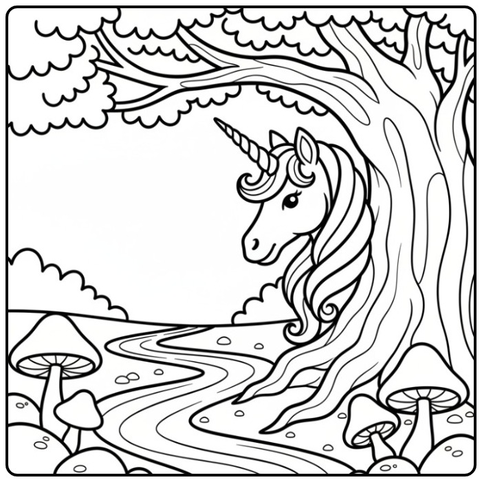 Mooie kleurplaat eenhoorn hoofd in een magisch boslandschap.