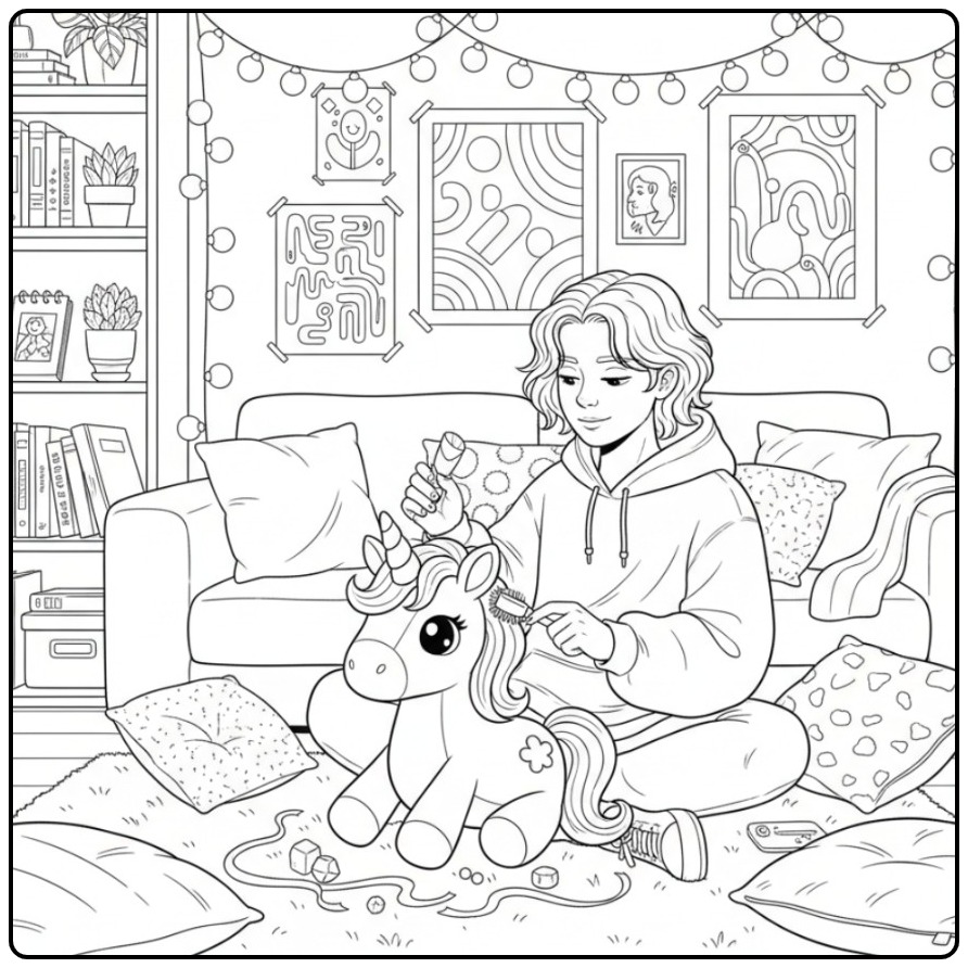 Persoon kamt de manen van een knuffel, kleurplaat eenhoorn schattig.