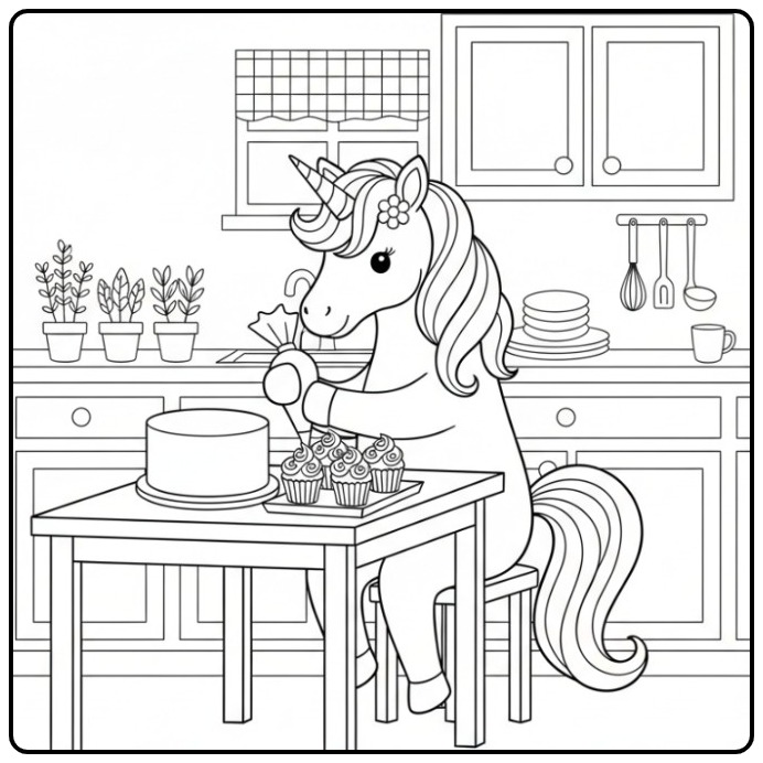 Een leuke unicorn kleurplaat makkelijk in een gezellige keuken.