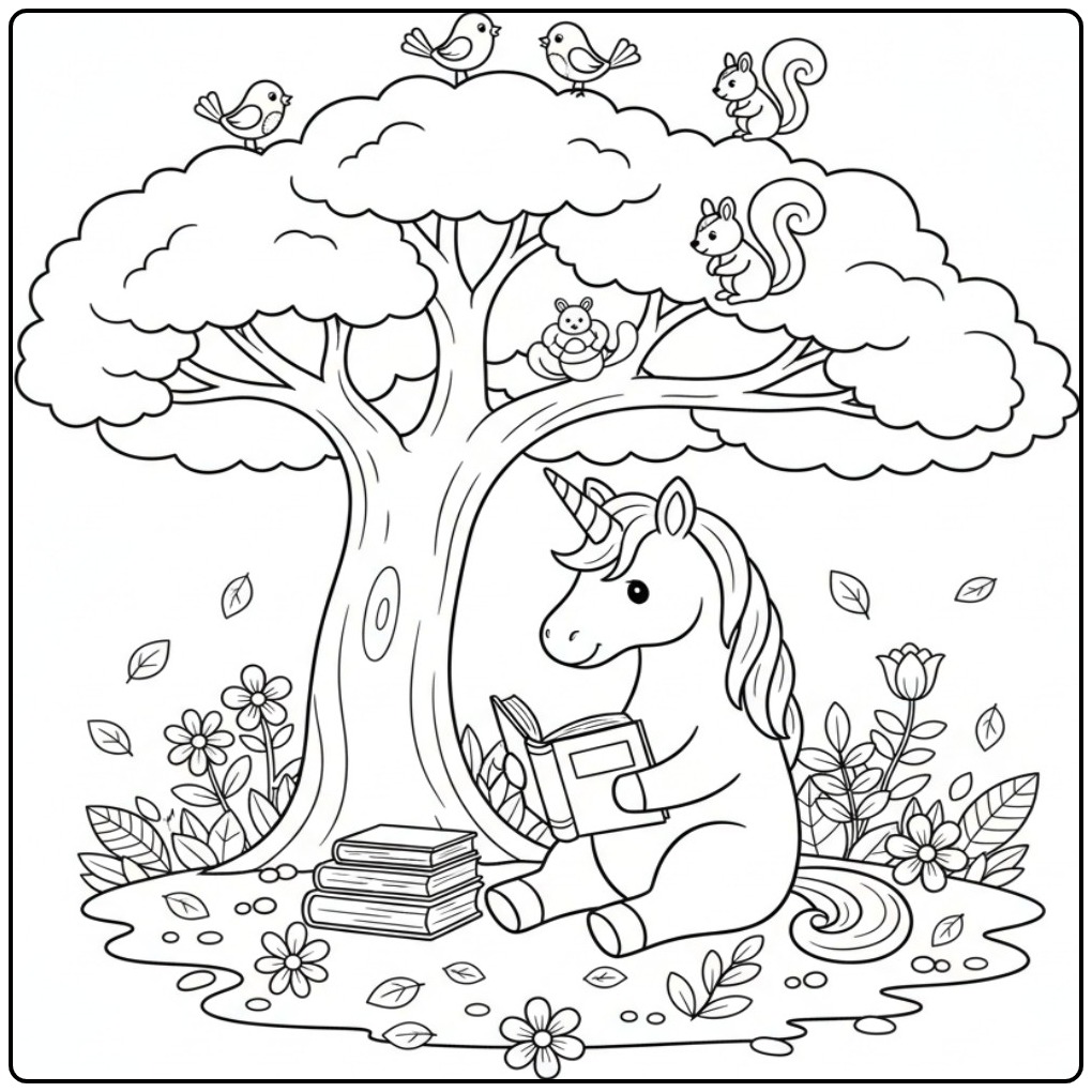 Een lieve unicorn kleurplaat makkelijk van een eenhoorn die leest.