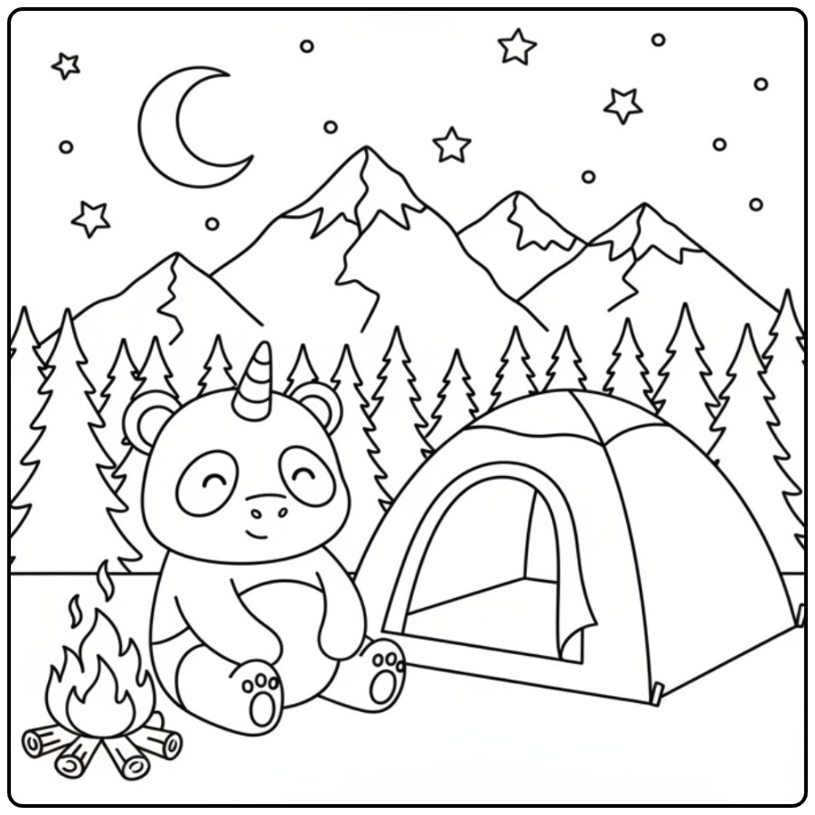 Leuke unicorn panda kleurplaat kamperend bij een kampvuur.