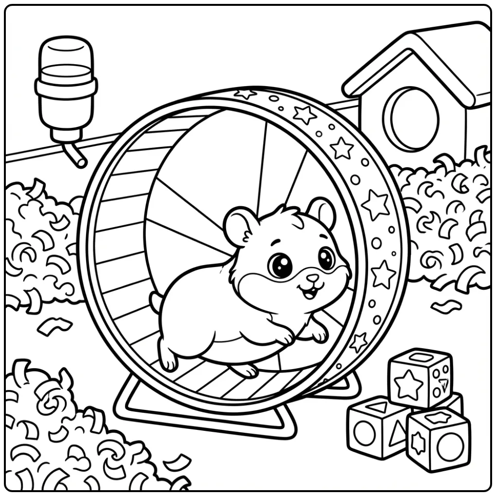 Schattige baby hamster kleurplaat rennend in een loopwiel.