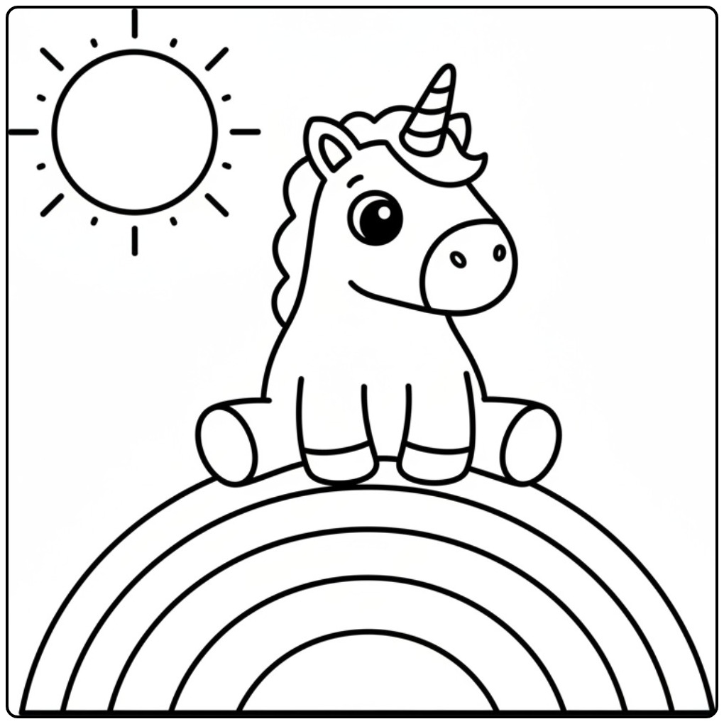 Een blije eenhoorn zittend op een boog, kleurplaat unicorn regenboog.