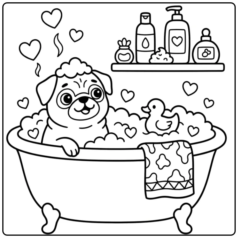 Schattige mopshond in een schuimbad, kleurplaat hond met hartjes.