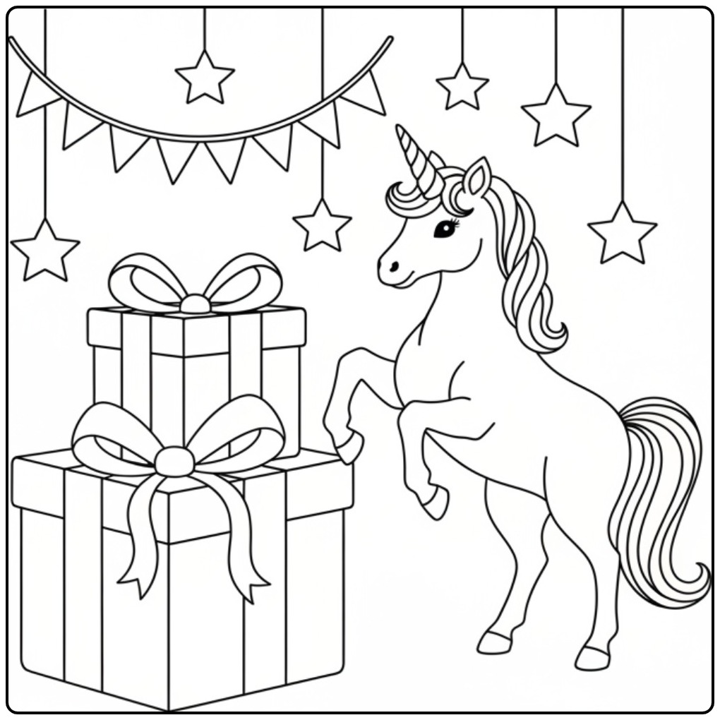 Een steigerende eenhoorn op een leuke kleurplaat unicorn verjaardag.