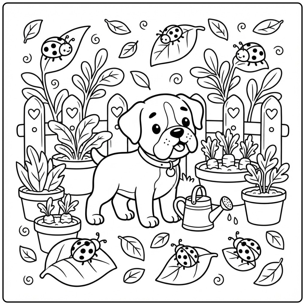 Schattige kleurplaat boxer hond in de tuin met planten.