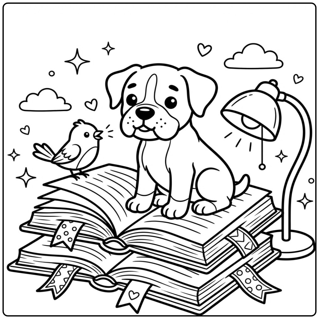Leuke kleurplaat boxer hond zittend op boeken met een vogel.