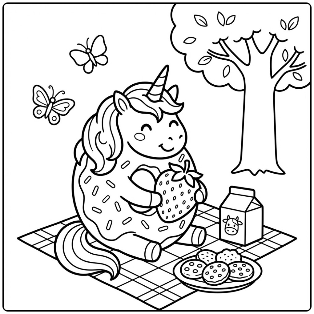 Schattige kleurplaat donut unicorn met een aardbei en koekjes.