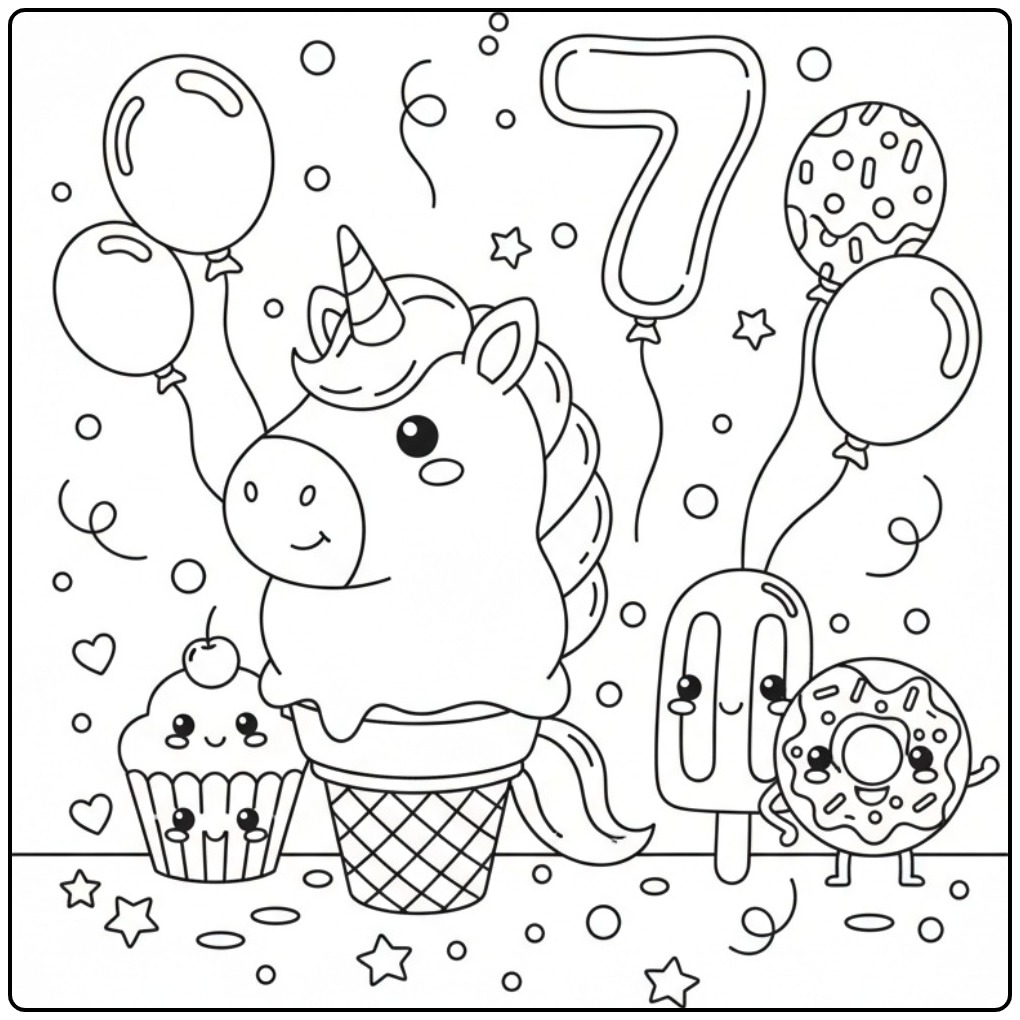Kleurplaat eenhoorn-verjaardag met ijsjes, ballonnen en zoetigheden.