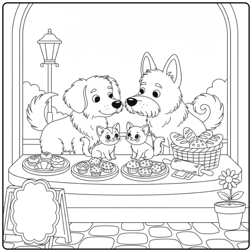 Schattige kleurplaat honden en katten bij een gezellig bakkersraam.