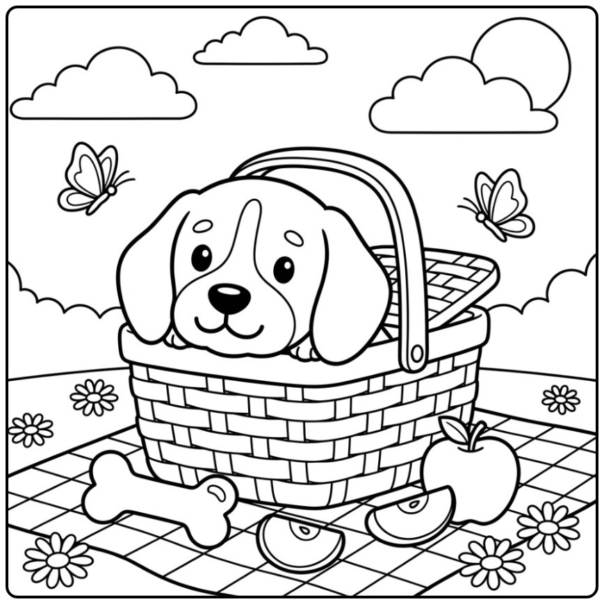 Leuke kleurplaat hondenkop van een Beagle in een picknickmand.