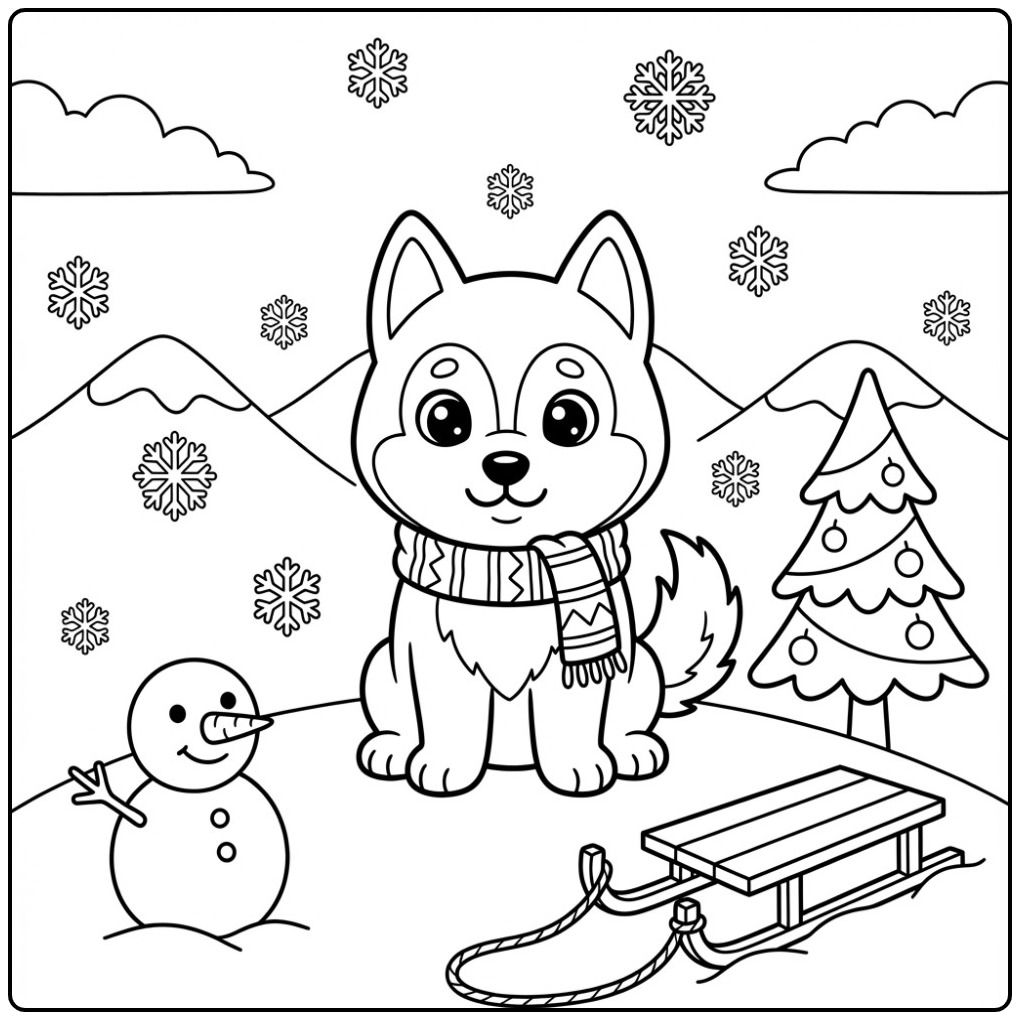 Schattige kleurplaat husky met een sjaal om in de sneeuw.