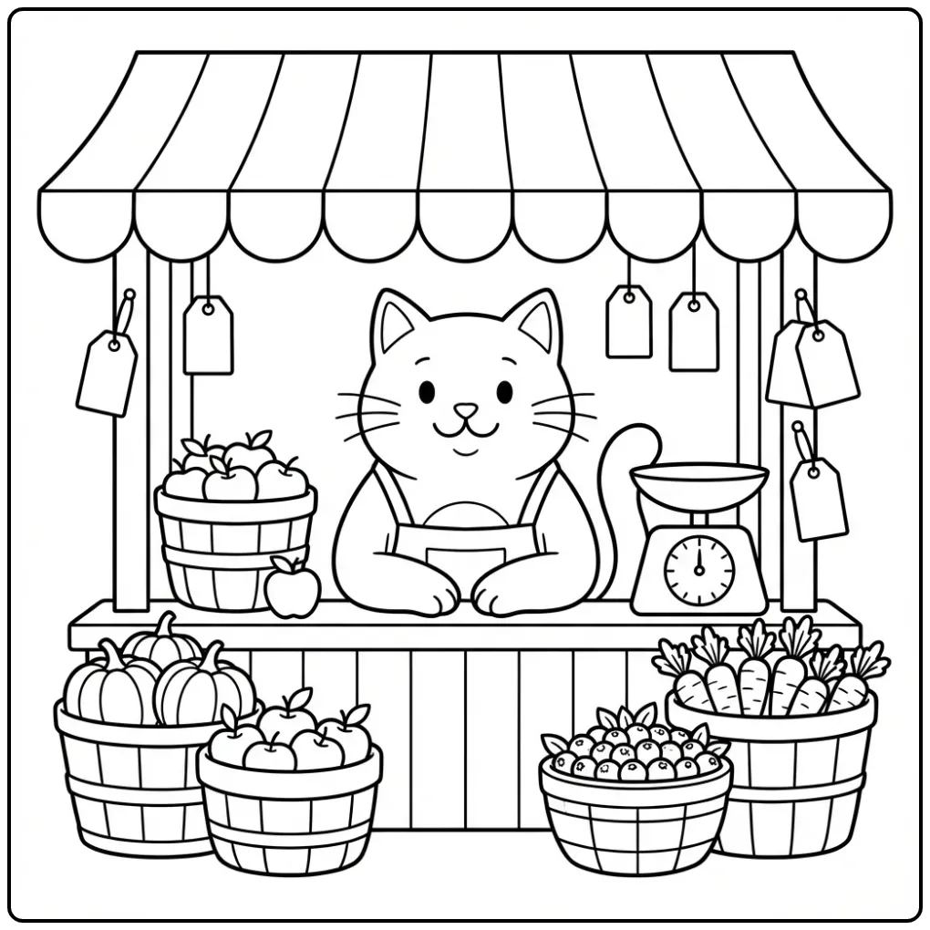 Kleurplaat kat achter een marktkraam vol vers fruit en groente.