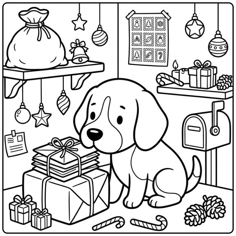 Schattige Beagle kleurplaat kerst hond in een feestelijk postkantoor.