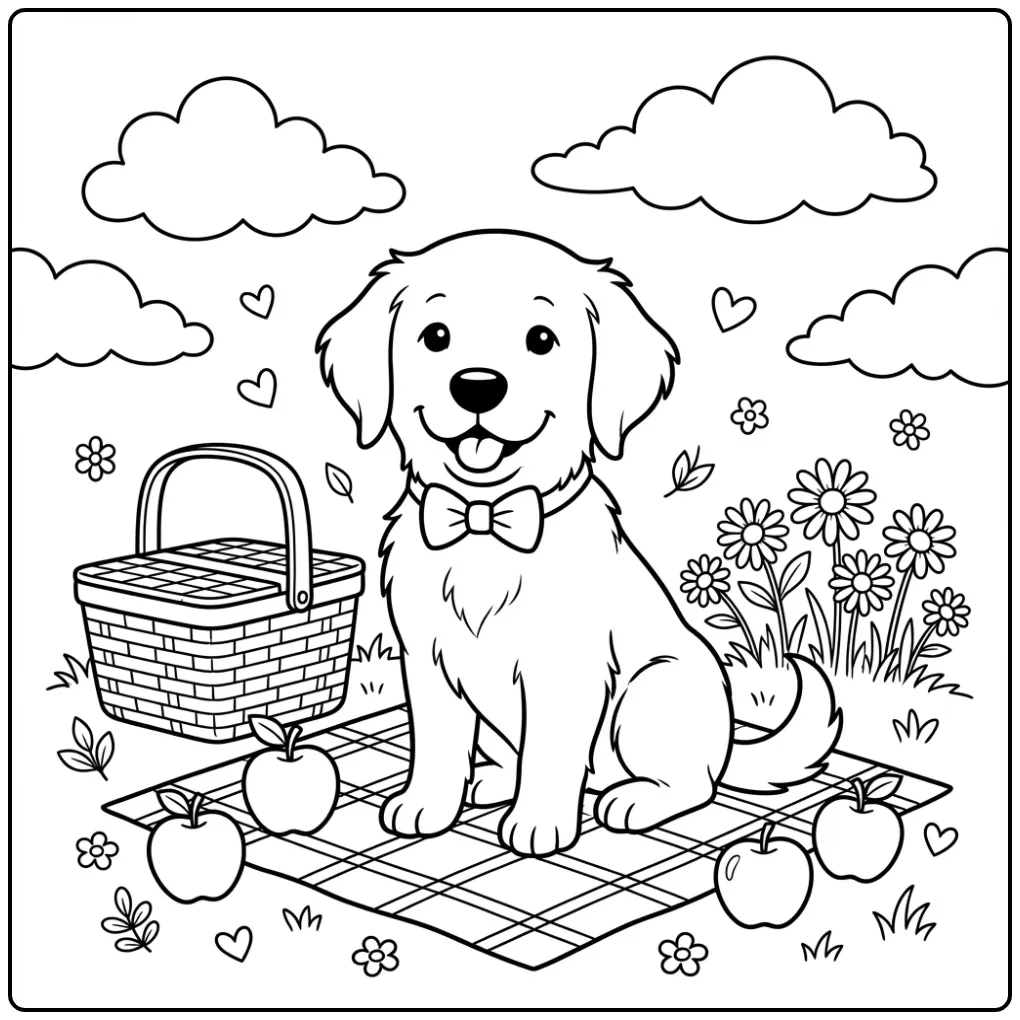 Kleurplaat schattige puppy met strik en picknickmand.