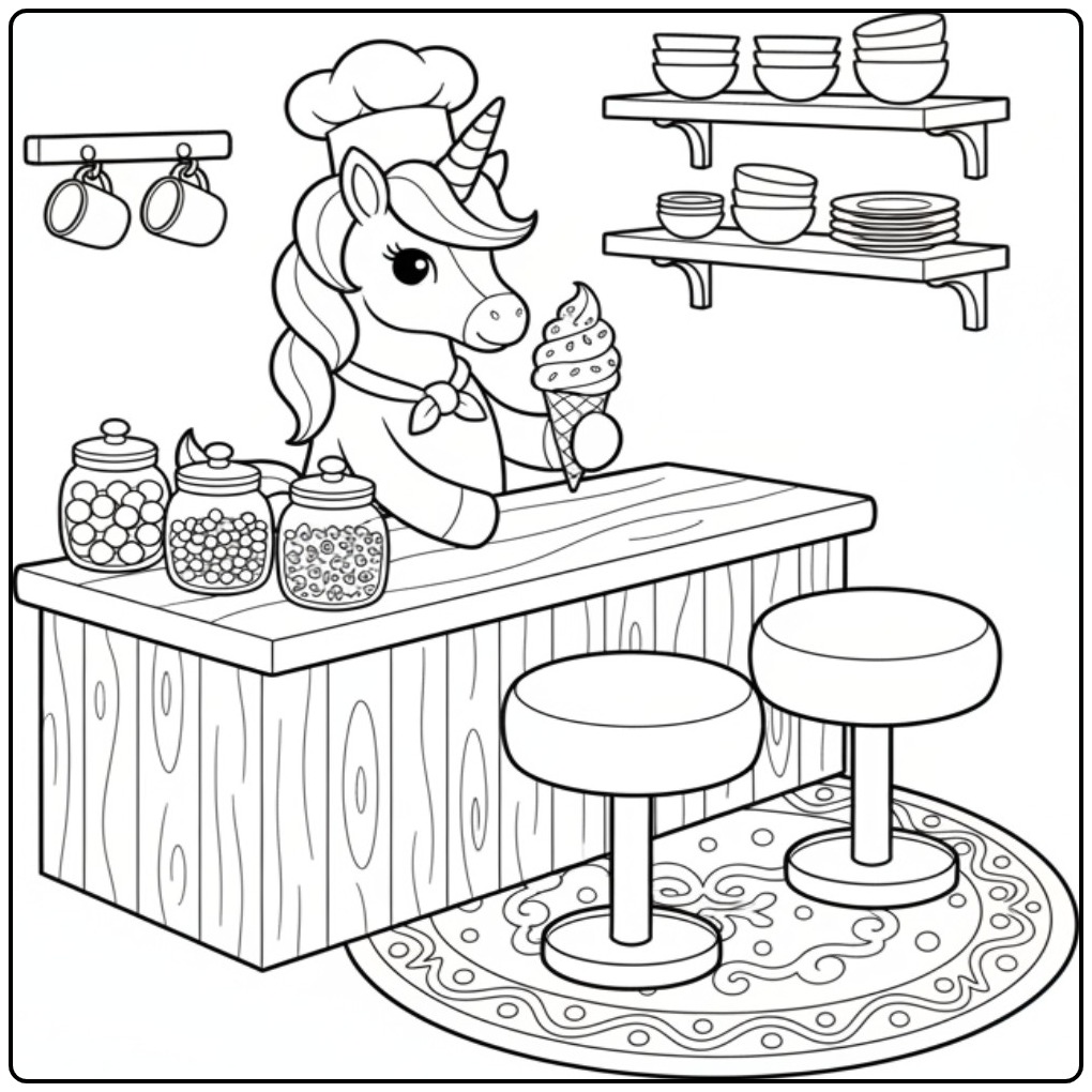 Grappige kleurplaat unicorn ijsje kok met hoed en een hoorntje.