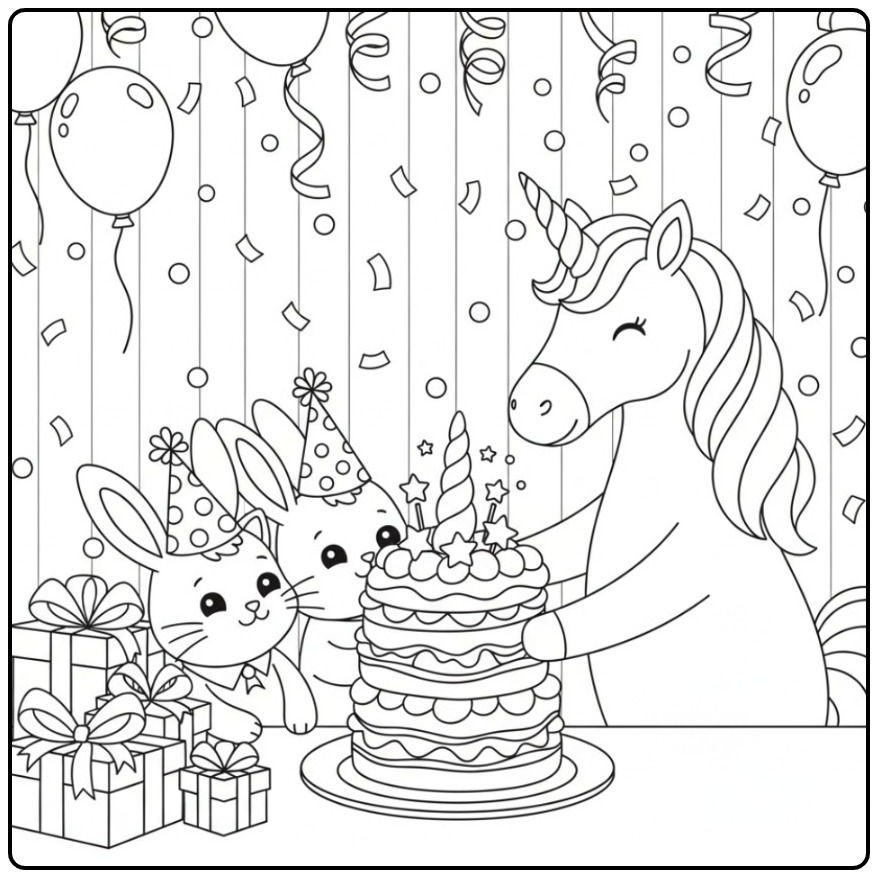 Leuke kleurplaat unicorn taart met konijnen en cadeautjes.