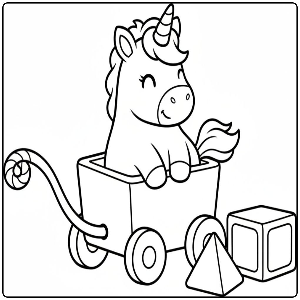 Schattige unicorn kleurplaat makkelijk in een houten speelgoedkar.