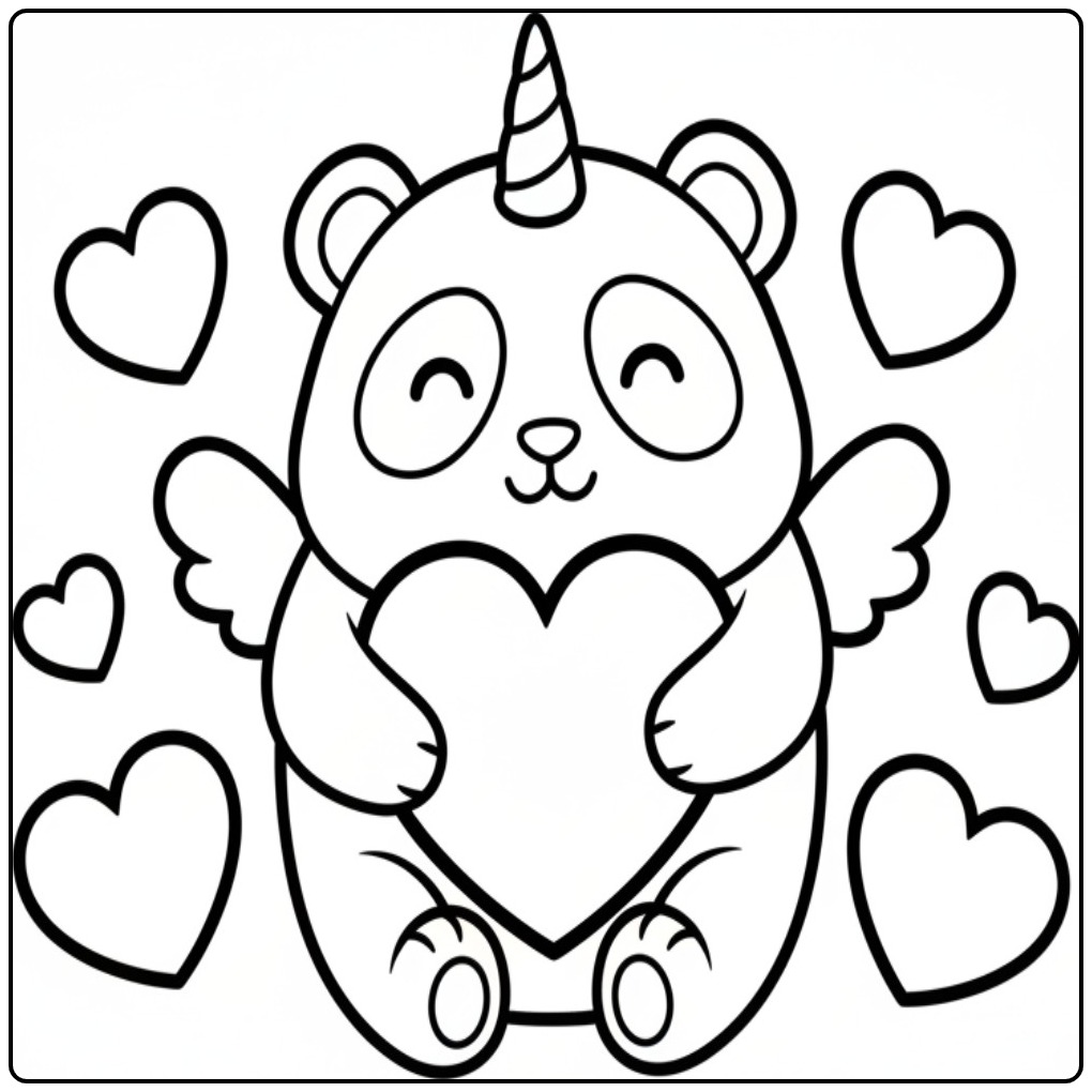 Lieve unicorn panda kleurplaat met hartjes om in te kleuren.
