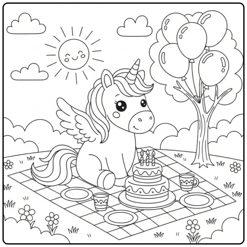 Verjaardagskleurplaat eenhoorn met vleugels bij een picknick.