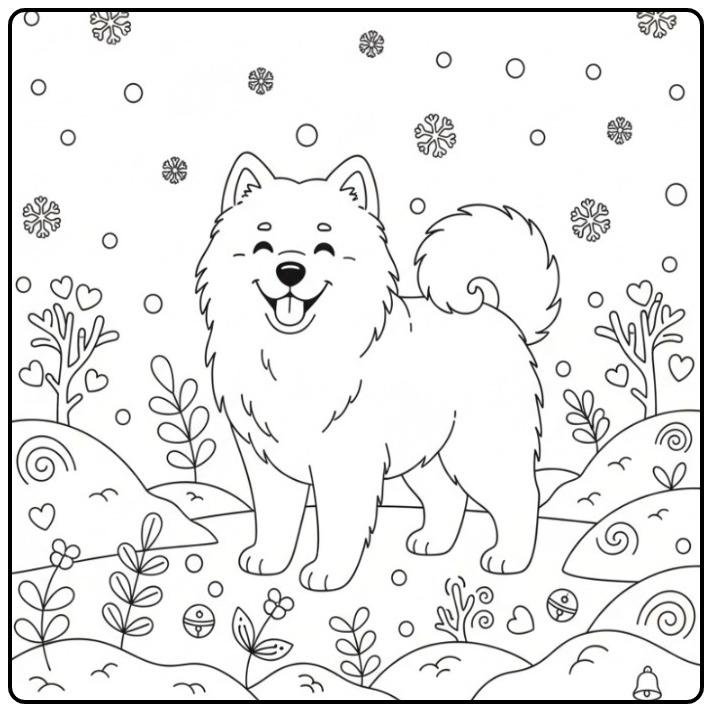 Lachende Samojeed in een winters tafereel, kleurplaat hond moeilijk.