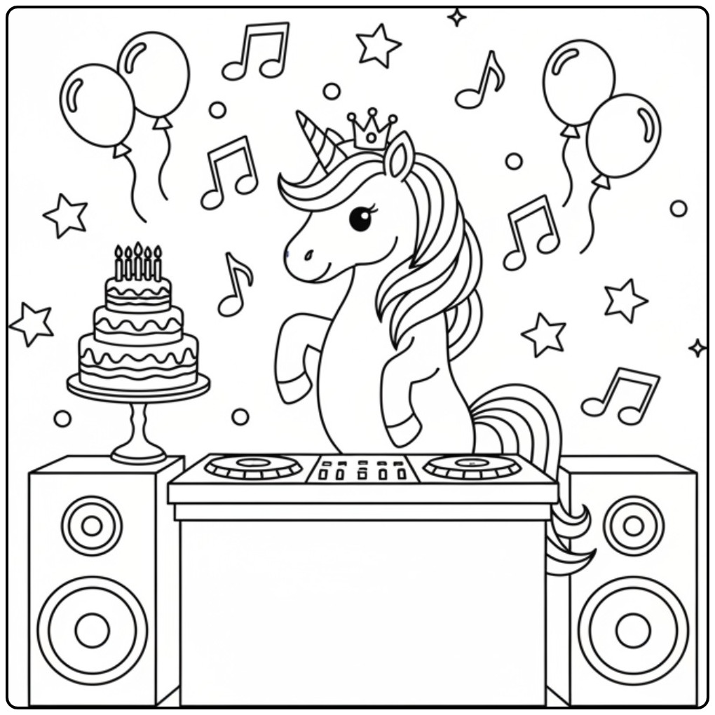 Vrolijke verjaardag taart kleurplaat eenhoorn bij DJ-tafel.