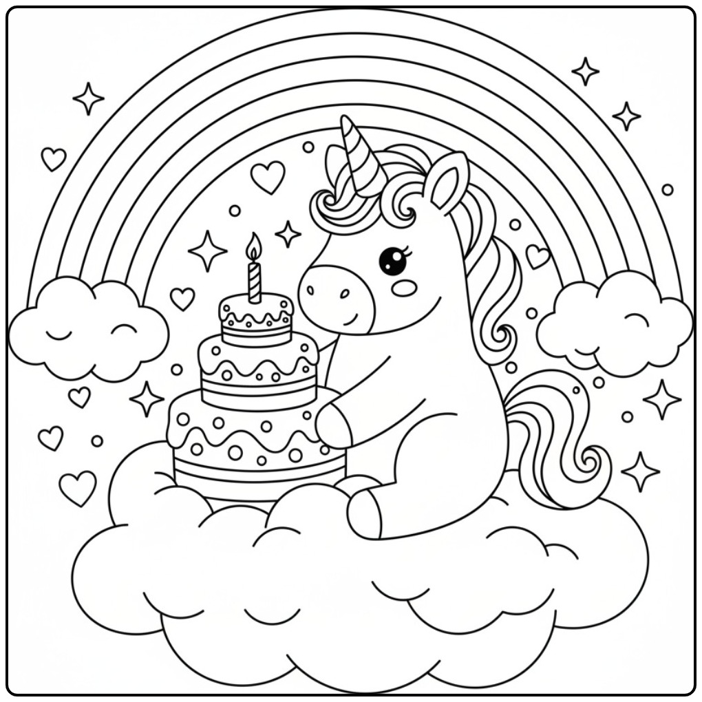 Kleurplaat unicorn verjaardagstaart met regenboog op zachte wolkjes