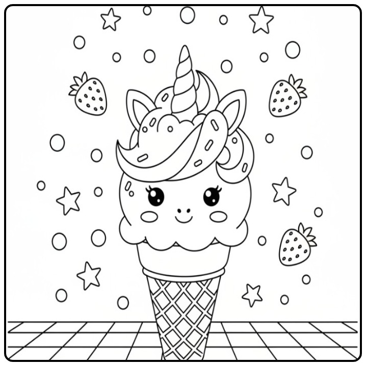 Kleurplaat eenhoorn met ijsje in een hoorntje om zelf in te kleuren.