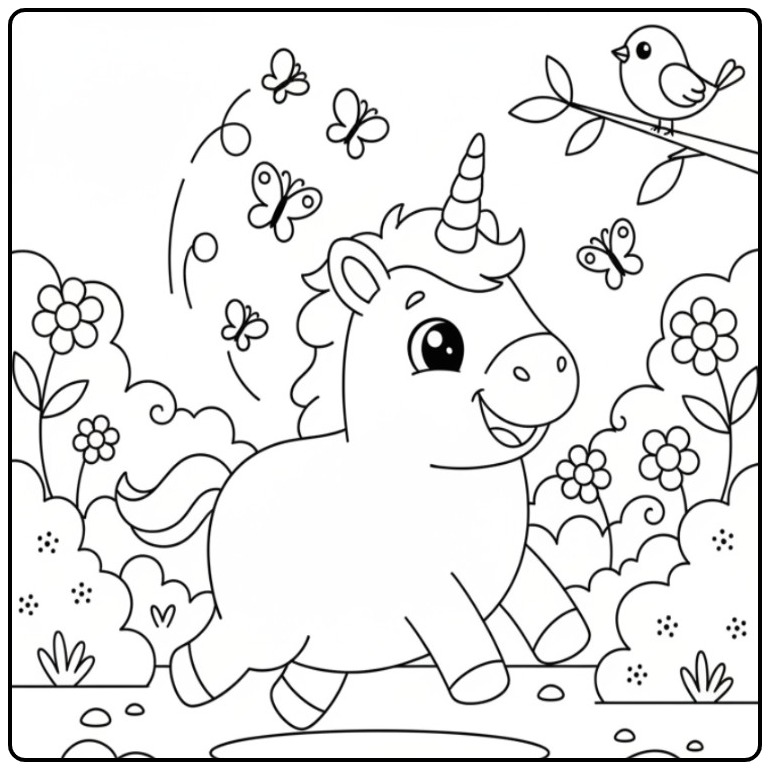 Kleurplaat eenhoorn schattig huppelt vrolijk tussen bloemen.