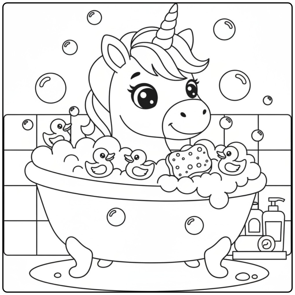 Leuke kleurplaat eenhoorn schattig in bad met eendjes en zeepbellen.