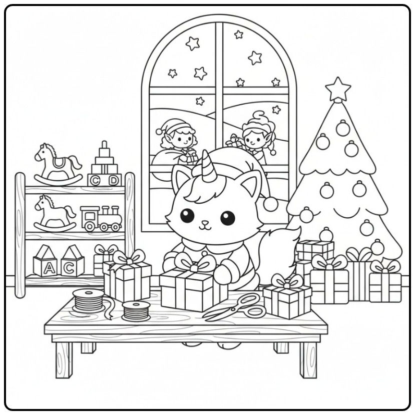 Schattige Eenhoornkat Kerstmis Kleurplaat cadeaus inpakken.