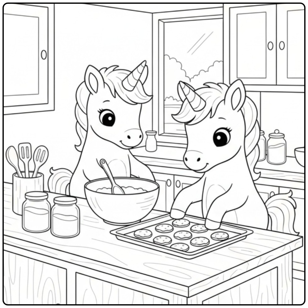 Twee vriendjes op een baby unicorn kleurplaat bakken koekjes.