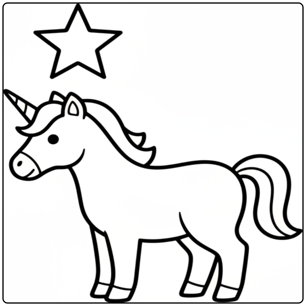 Een schattige baby unicorn kleurplaat met een grote ster erboven.