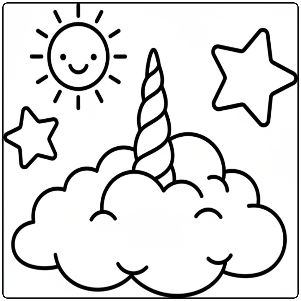 Lachende wolk met een magische unicorn hoorn kleurplaat.