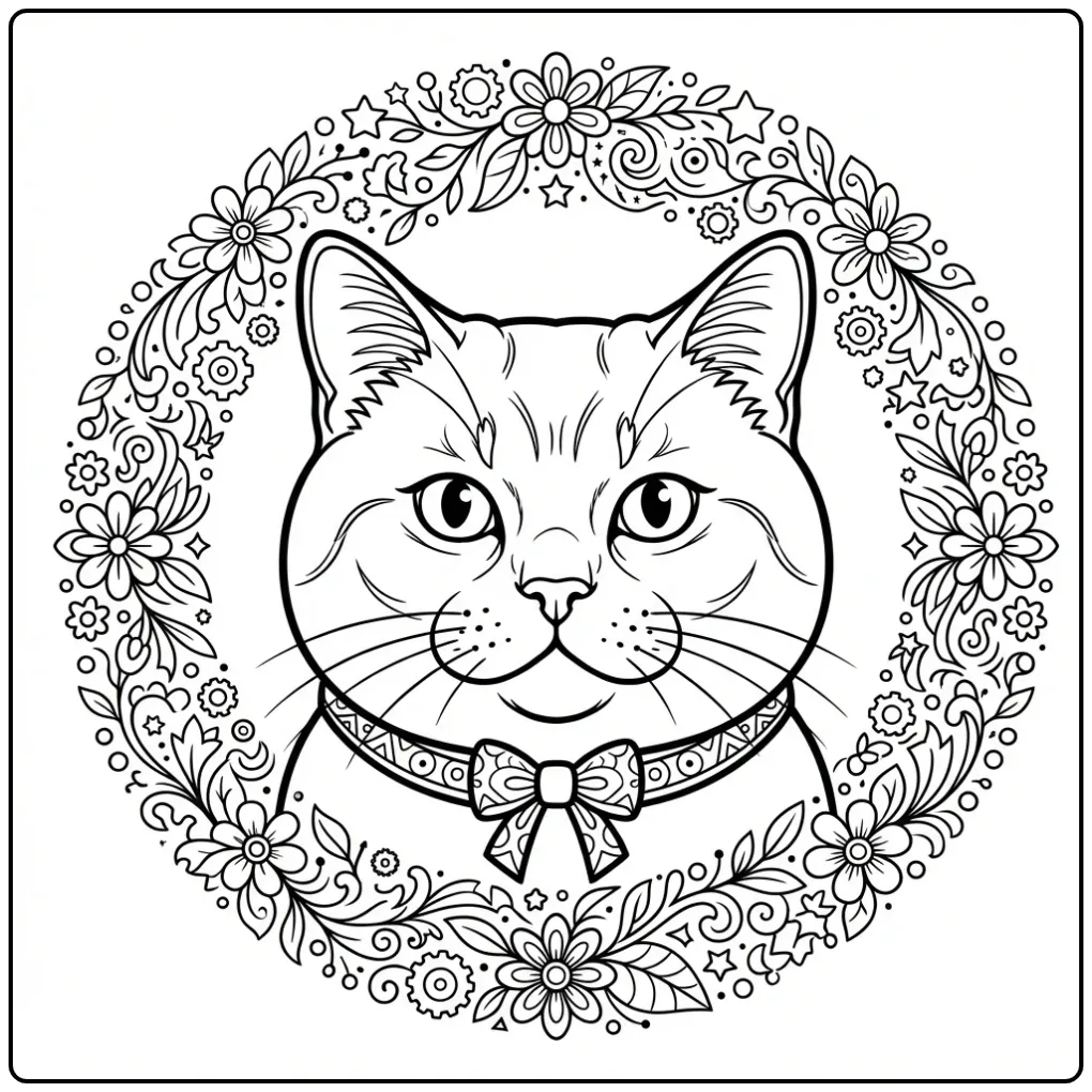 Gedetailleerde kleurplaat kat voor volwassenen met bloemen.