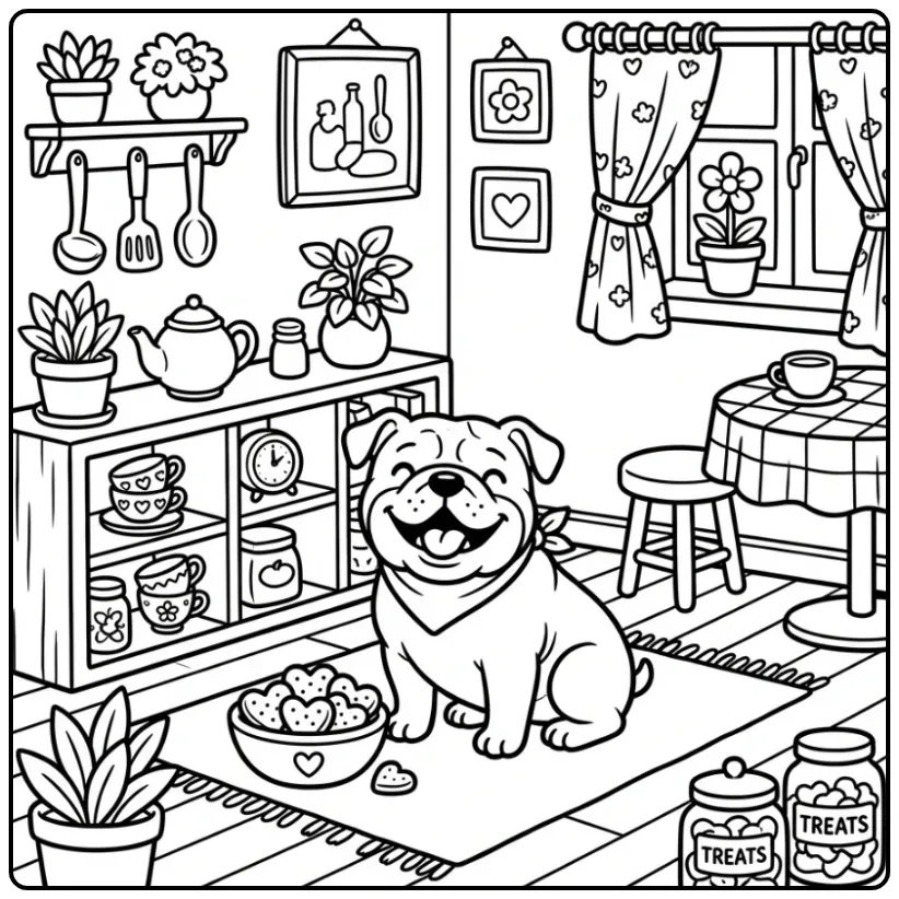 Een kleurplaat hond schattig in de keuken met koekjes.