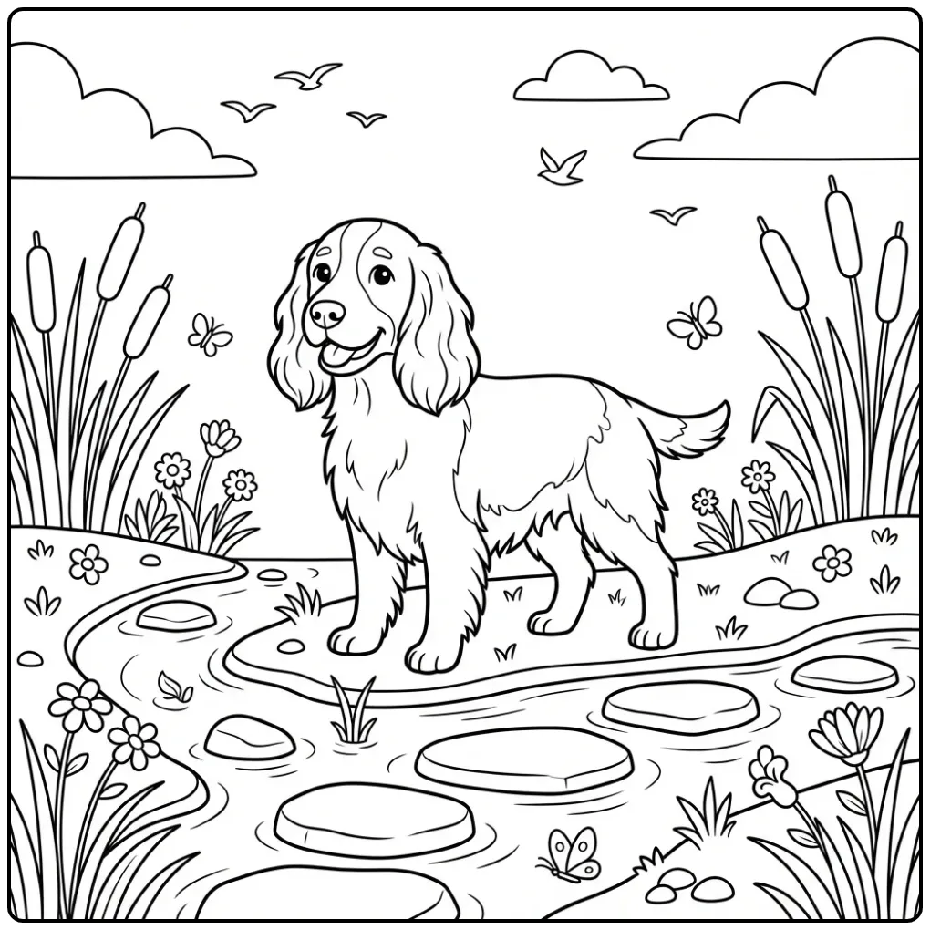 Vrolijke kleurplaat hond Engelse Springer Spaniël bij water