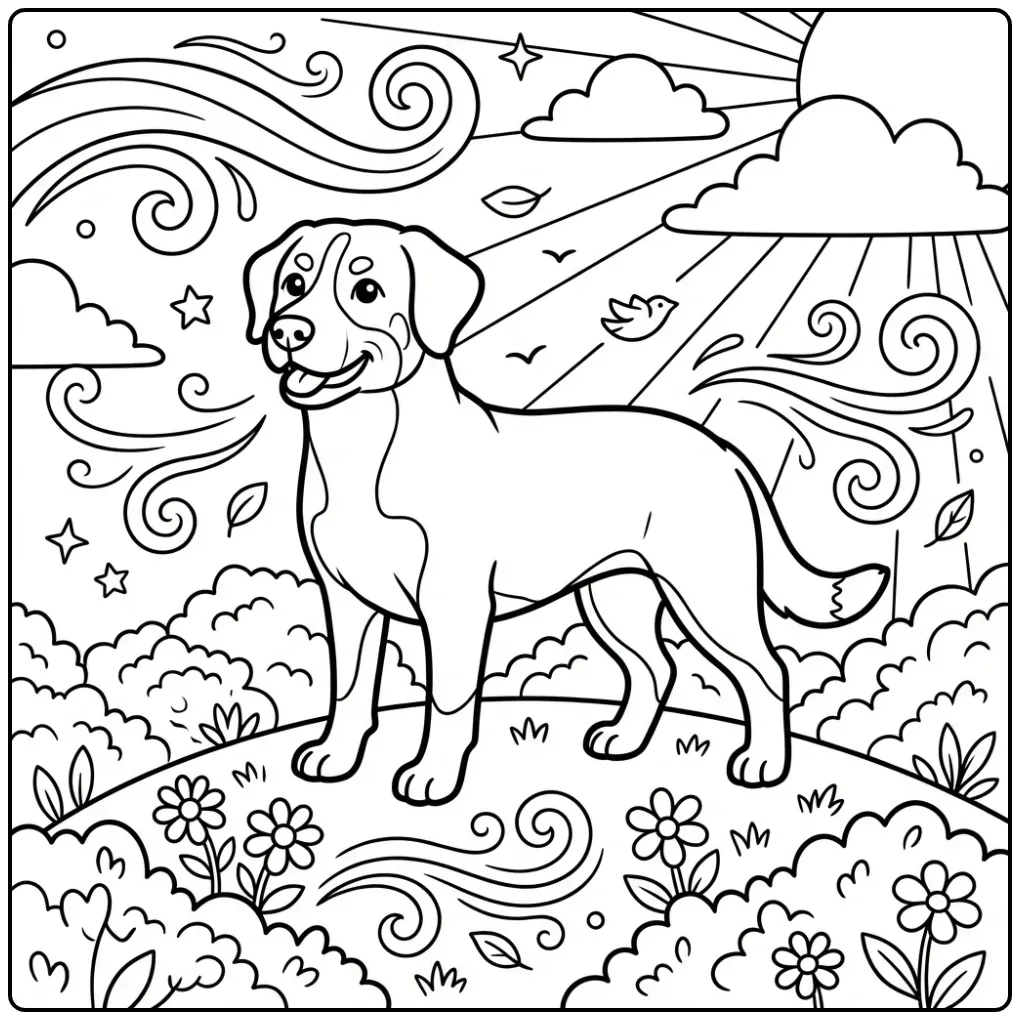 Schattige kleurplaat hond Entlebucher Sennenhond in de natuur