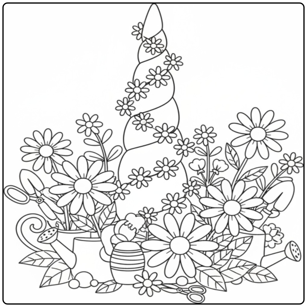 Een magische Kleurplaat eenhoorn hoorn en bloemen in een tuin.