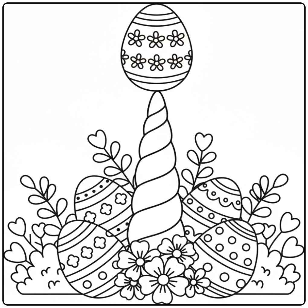 Magische Kleurplaat eenhoorn hoorn pasen met eieren en bloemen.