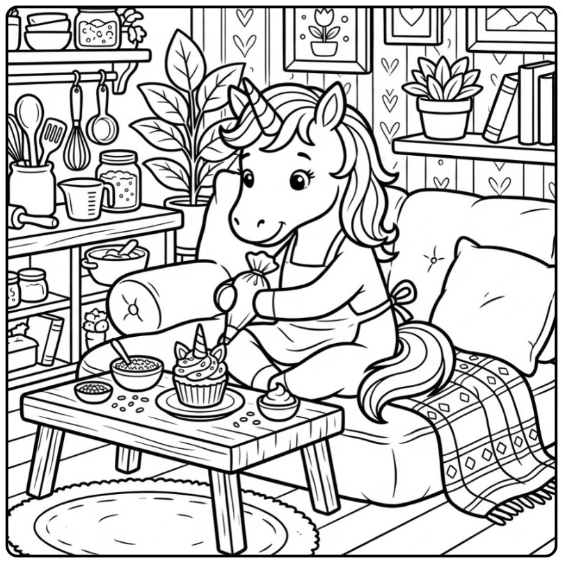 Een lieve eenhoorn op een unicorn cupcake kleurplaat thuis.