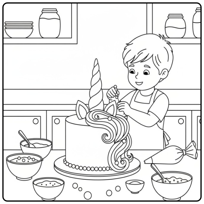 Een jonge bakker maakt een kleurplaat unicorn taart af.