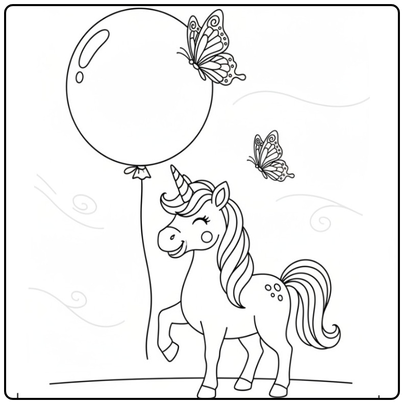 Vrolijke vlinders kleurplaat unicorn met ballon en speelse vlinders.