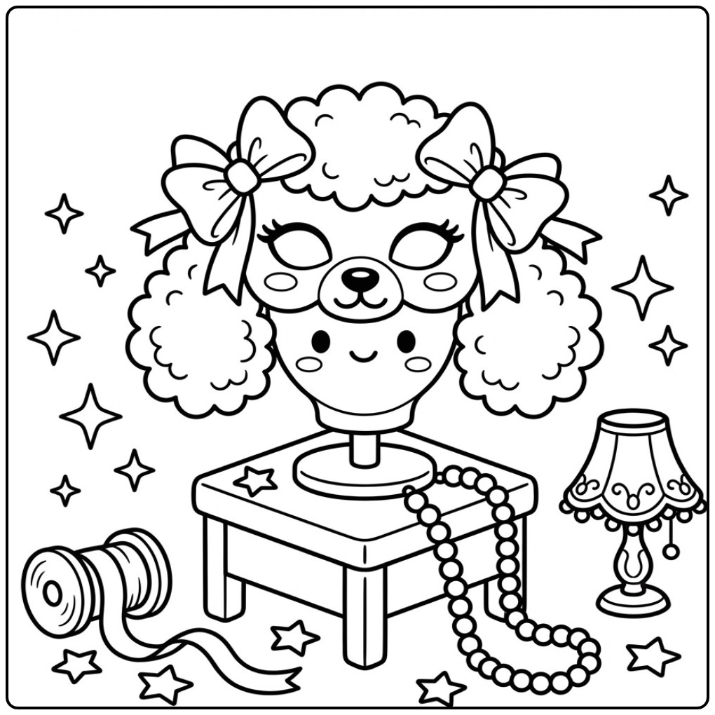 Een schattige poedel honden masker kleurplaat met strikjes.