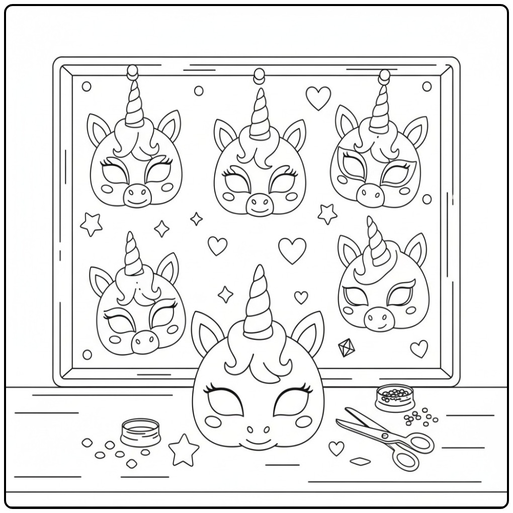 Een creatieve unicorn masker kleurplaat met zeven magische maskers.