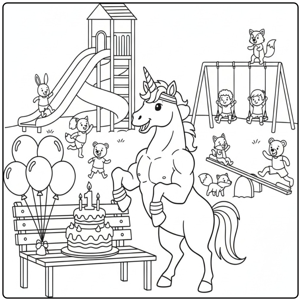 Een sterke eenhoorn op een leuke kleurplaat unicorn verjaardag.