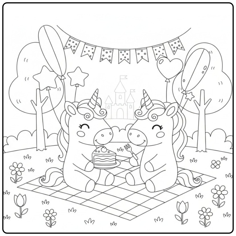 Twee unicorns eten taart, een makkelijke unicorn verjaardag kleurplaat.